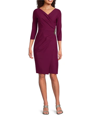 Alex Evenings Stretch Jersey Surplice V-Neck 3/4 Sleeve Embellished Waist Detail Sheath Dress