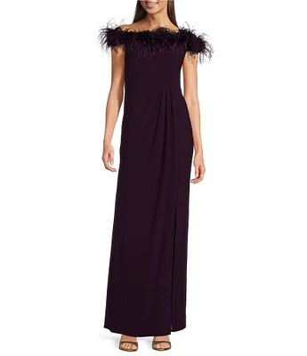 Alex Evenings Stretch Matte Jersey Feather Off-the-Shoulder Cap Sleeve Ruched Front Slit Gown