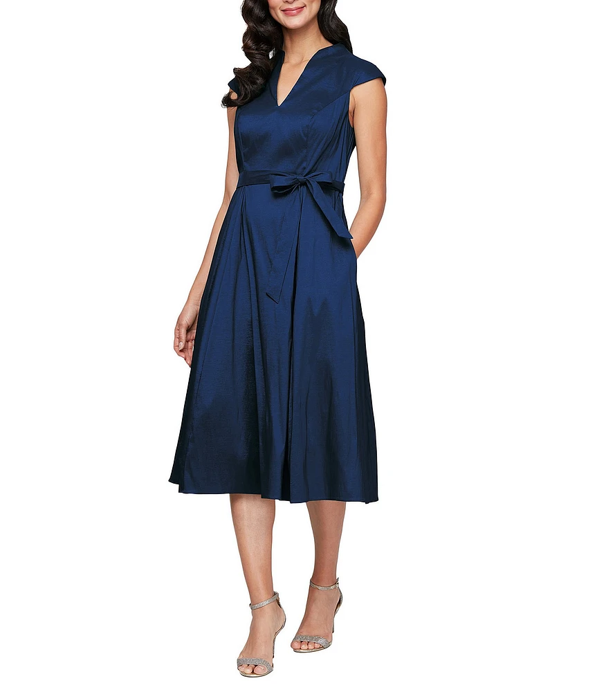 Alex Evenings Stretch Taffeta V Neck Cap Sleeve Tie Sash A-Line Midi Dress