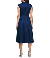 Alex Evenings Stretch Taffeta V Neck Cap Sleeve Tie Sash A-Line Midi Dress