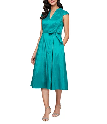 Alex Evenings Stretch Taffeta V Neck Cap Sleeve Tie Sash A-Line Midi Dress