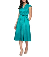 Alex Evenings Stretch Taffeta V Neck Cap Sleeve Tie Sash A-Line Midi Dress