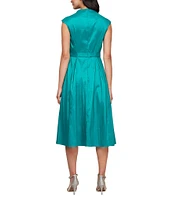 Alex Evenings Stretch Taffeta V Neck Cap Sleeve Tie Sash A-Line Midi Dress
