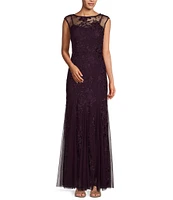 Alex Evenings Stretch Tulle Floral Embroidered Illusion Round Neck Sleeveless Godet Dress