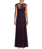 Alex Evenings Stretch Tulle Floral Embroidered Illusion Round Neck Sleeveless Godet Dress