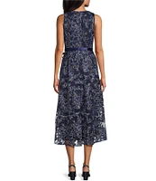 Alex Evenings Stretch Tulle Floral Print Sleeveless Crew Neck Self Tie Belt Embroidered Tulle Fit and Flare Dress