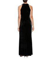 Alex Evenings Stretch Velvet Halter Neck Sleeveless Illusion Beaded Sheath Gown