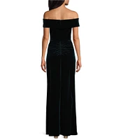 Alex Evenings Stretch Velvet Off-The-Shoulder Fold-Over Cuff Neck Short Sleeve Side Slit Sheath Dress