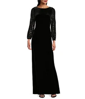 Alex Evenings Stretch Velvet Scoop Neck Long Sequin Balloon Sleeve Gown