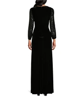 Alex Evenings Stretch Velvet Scoop Neck Long Sequin Balloon Sleeve Gown