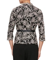 Alex Evenings V-Neck 3/4 Sleeve Scalloped Floral Lace Lined Embroidered Top