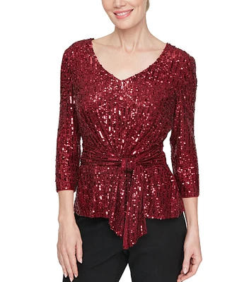 Alex Evenings V-Neck 3/4 Sleeve Sequin Tie Front Top