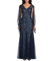 Alex Evenings V-Neck Cap Sleeve Floral Embroidered Stretch Tulle Godet Skirt Long Dress