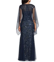 Alex Evenings V-Neck Cap Sleeve Floral Embroidered Stretch Tulle Godet Skirt Long Dress