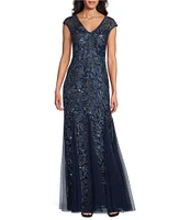 Alex Evenings V-Neck Cap Sleeve Floral Embroidered Stretch Tulle Godet Skirt Long Dress