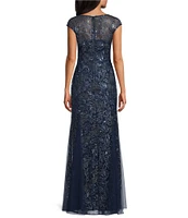Alex Evenings V-Neck Cap Sleeve Floral Embroidered Stretch Tulle Godet Skirt Long Dress