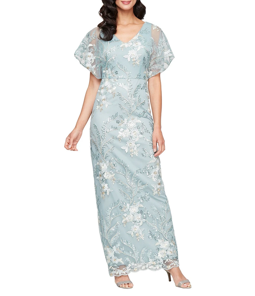 Alex Evenings V-Neck Floral Embroidered Short Sleeve Sheath Dress