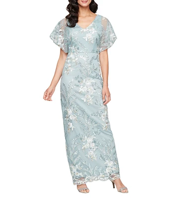 Alex Evenings V-Neck Floral Embroidered Short Sleeve Sheath Dress