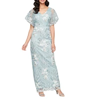 Alex Evenings V-Neck Floral Embroidered Short Sleeve Sheath Dress