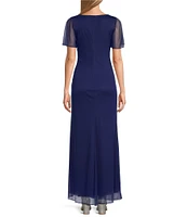 Alex Evenings V-Neck Flutter Sleeve Hip Embellishment Cascade Skirt Sheath Dress