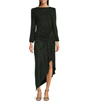 Alex Marie Abigail Two Tone Glitter Lurex High Boat Neck Long Blouson Sleeve Faux Wrap Ruched Asymmetrical Hem Maxi Dress