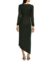 Alex Marie Abigail Two Tone Glitter Lurex High Boat Neck Long Blouson Sleeve Faux Wrap Ruched Asymmetrical Hem Maxi Dress