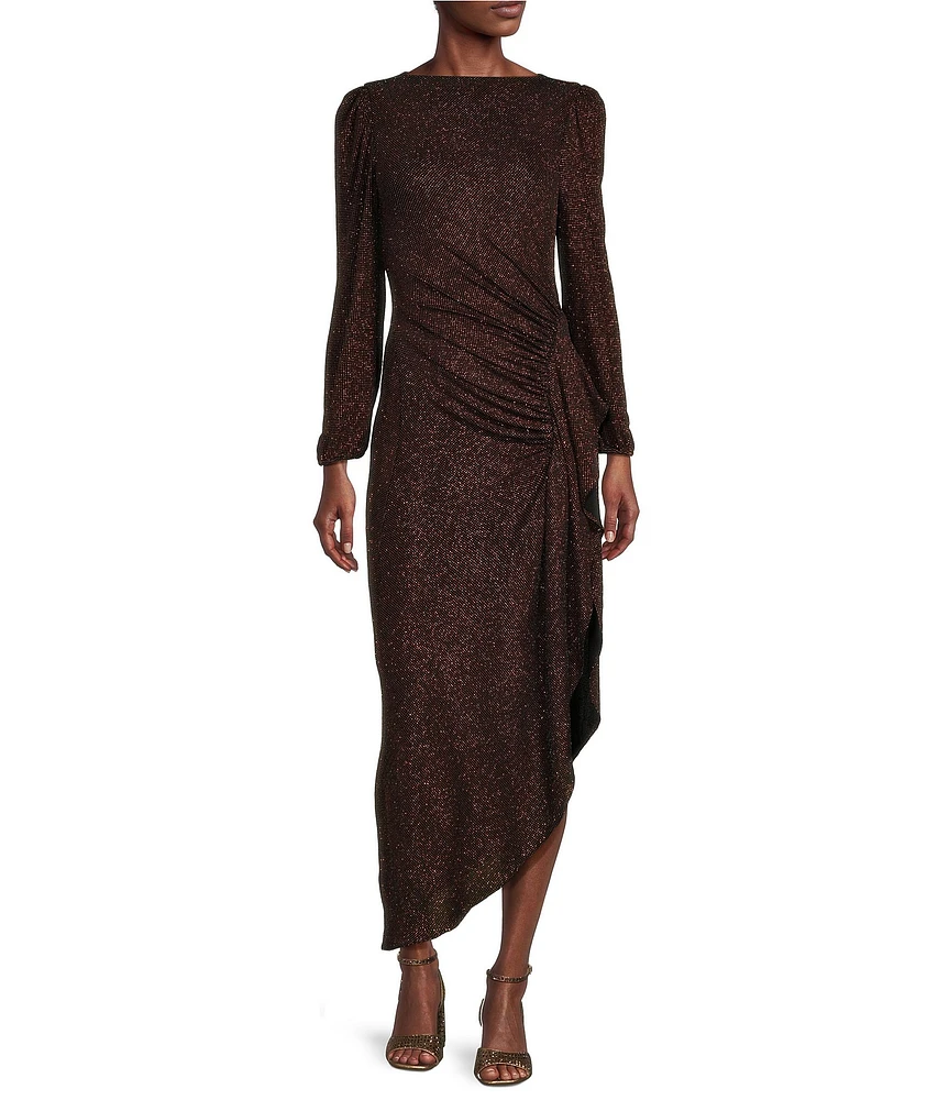 Alex Marie Abigail Two Tone Glitter Lurex High Boat Neck Long Blouson Sleeve Faux Wrap Ruched Asymmetrical Hem Maxi Dress