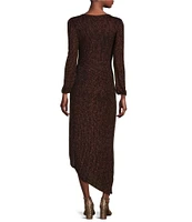 Alex Marie Abigail Two Tone Glitter Lurex High Boat Neck Long Blouson Sleeve Faux Wrap Ruched Asymmetrical Hem Maxi Dress