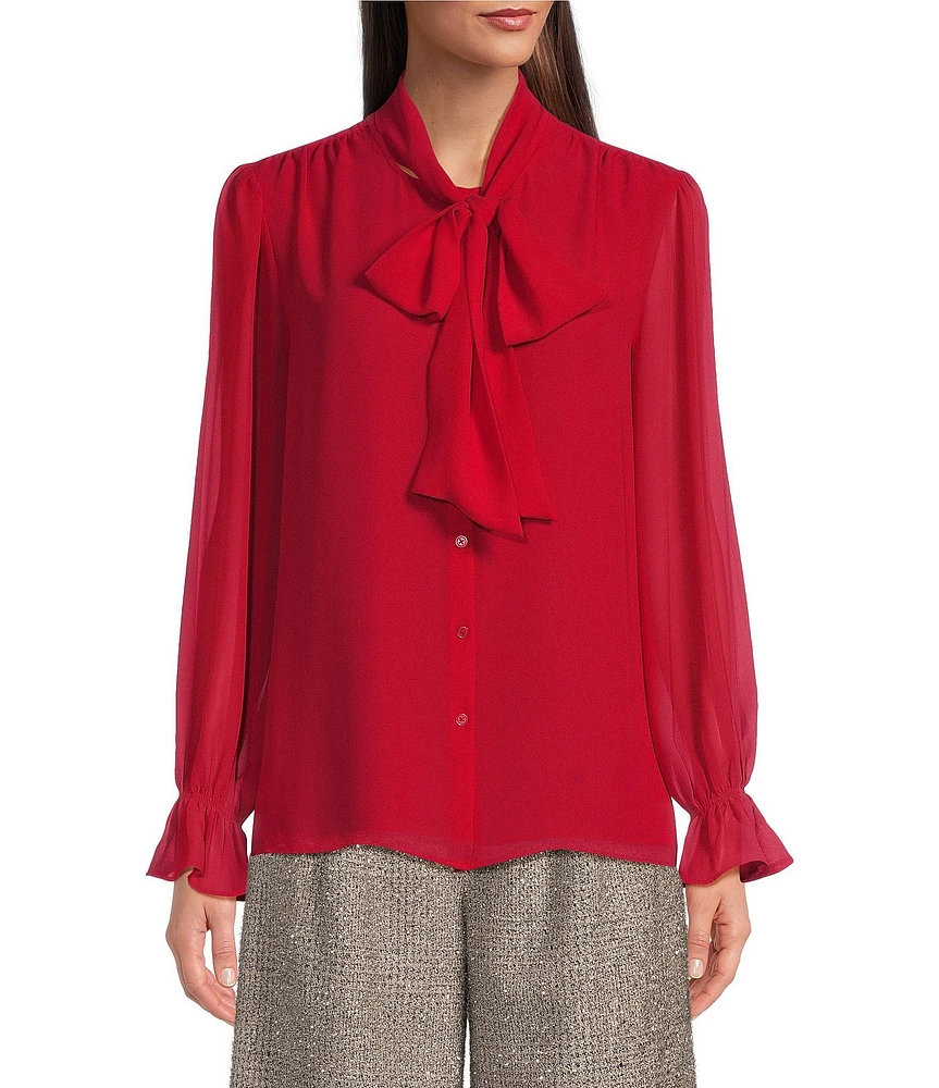 Alex Marie Abigail Woven Georgette Split Round Tie Neck Long Blouson Sleeve Button Front Blouse