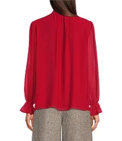 Alex Marie Abigail Woven Georgette Split Round Tie Neck Long Blouson Sleeve Button Front Blouse