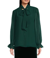 Alex Marie Abigail Woven Georgette Split Round Tie Neck Long Blouson Sleeve Button Front Blouse