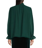 Alex Marie Abigail Woven Georgette Split Round Tie Neck Long Blouson Sleeve Button Front Blouse