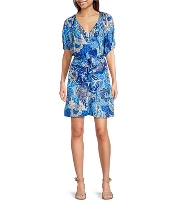 Alex Marie Allison Satin Back Crepe Floral Short Sleeve Belted A-Line Dress