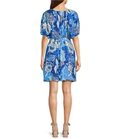 Alex Marie Allison Satin Back Crepe Floral Short Sleeve Belted A-Line Dress