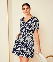 Alex Marie Allison Satin Shell Print Crepe Short Sleeve Belted A-Line Dress