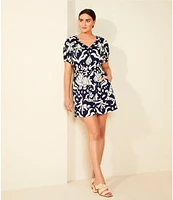 Alex Marie Allison Satin Shell Print Crepe Short Sleeve Belted A-Line Dress