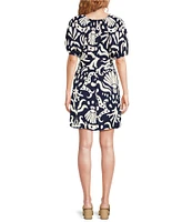 Alex Marie Allison Satin Shell Print Crepe Short Sleeve Belted A-Line Dress