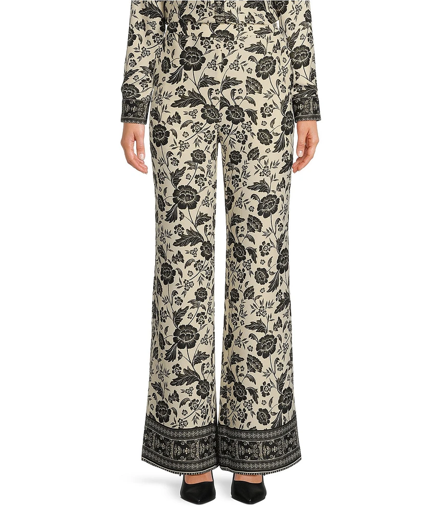 Alex Marie Amara Satin Crepe Black Floral Print High Waist Flat Front Long Coordinating Pant