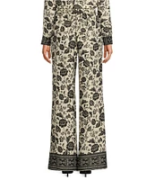 Alex Marie Amara Satin Crepe Black Floral Print High Waist Flat Front Long Coordinating Pant