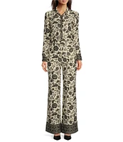 Alex Marie Amara Satin Crepe Black Floral Print High Waist Flat Front Long Coordinating Pant