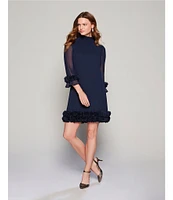 Alex Marie Amelia Smocked Turtleneck Floral Petal Detail Illusion Ruffle Trim 3/4 Sleeve Chiffon Dress