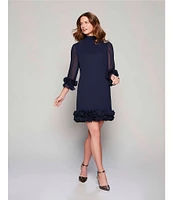 Alex Marie Amelia Smocked Turtleneck Floral Petal Detail Illusion Ruffle Trim 3/4 Sleeve Chiffon Dress