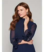 Alex Marie Amelia Smocked Turtleneck Floral Petal Detail Illusion Ruffle Trim 3/4 Sleeve Chiffon Dress