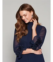 Alex Marie Amelia Smocked Turtleneck Floral Petal Detail Illusion Ruffle Trim 3/4 Sleeve Chiffon Dress