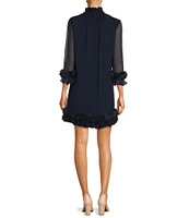 Alex Marie Amelia Smocked Turtleneck Floral Petal Detail Illusion Ruffle Trim 3/4 Sleeve Chiffon Dress