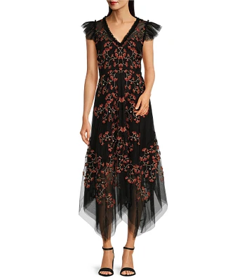 Alex Marie Becky Floral Embroidered Mesh V-Neck Flutter Sleeve Flounce Gown