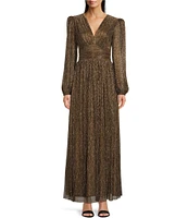 Alex Marie Bella Crinkle Metallic V-Neck Blouson Long Sleeve A-Line Gown