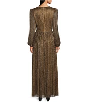 Alex Marie Bella Crinkle Metallic V-Neck Blouson Long Sleeve A-Line Gown