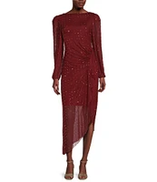 Alex Marie Belle Beaded Mesh High Boat Neck Puff Shoulder Long Sleeve Ruched Waist Asymmetrical Flounce Midi Dress