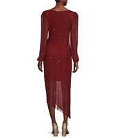 Alex Marie Belle Beaded Mesh High Boat Neck Puff Shoulder Long Sleeve Ruched Waist Asymmetrical Flounce Midi Dress